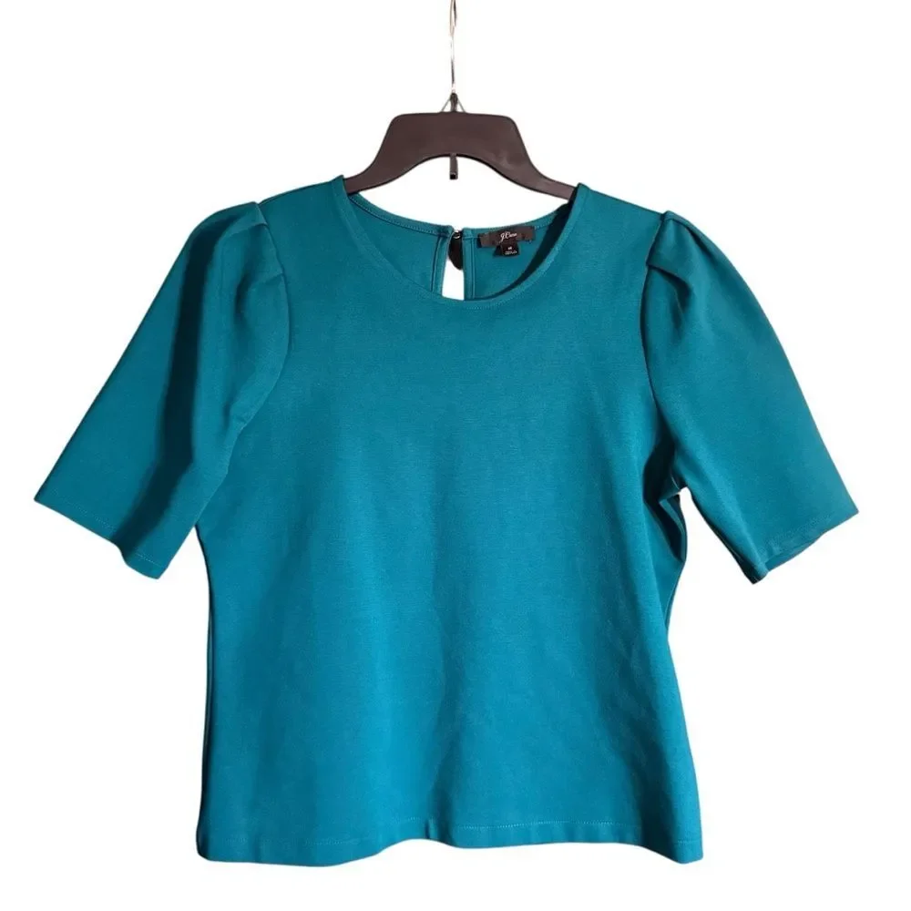 J.Crew Teal Knit Ponte Puff Sleeve Women’s Top w/ Keyhole Back Size Medium